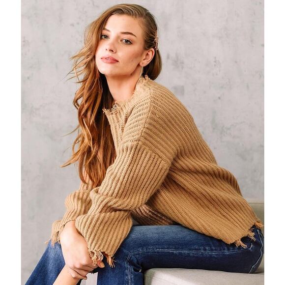 Willow + Root Women's Large Dark Taupe Metallic Destructed Knit Sweater Fringe - Picture 2 of 9